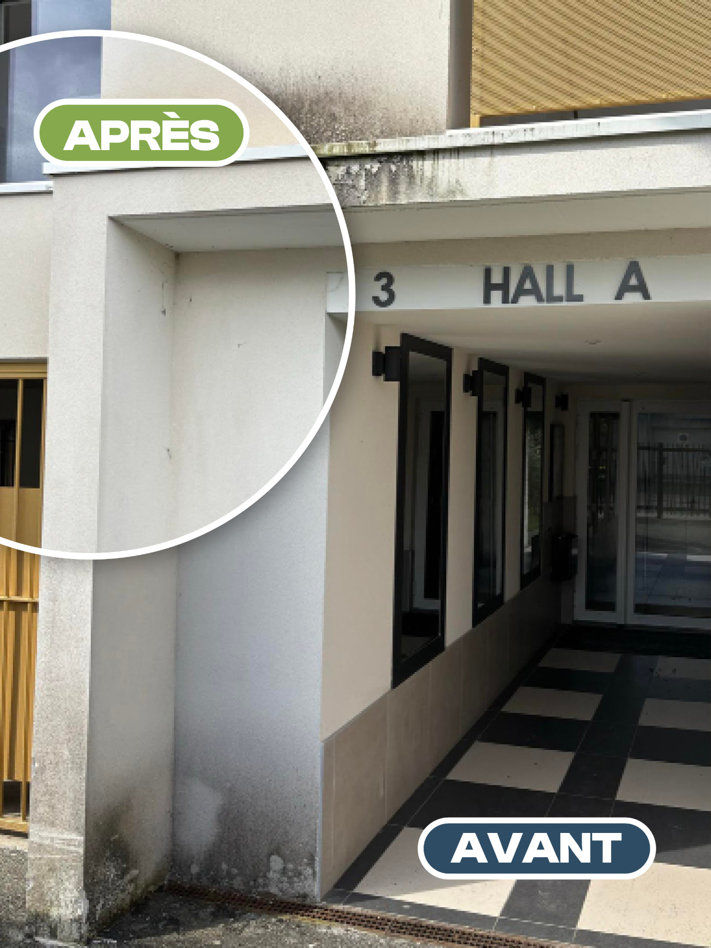 Façade — Hall d'immeuble — avant après nettoyage par drone