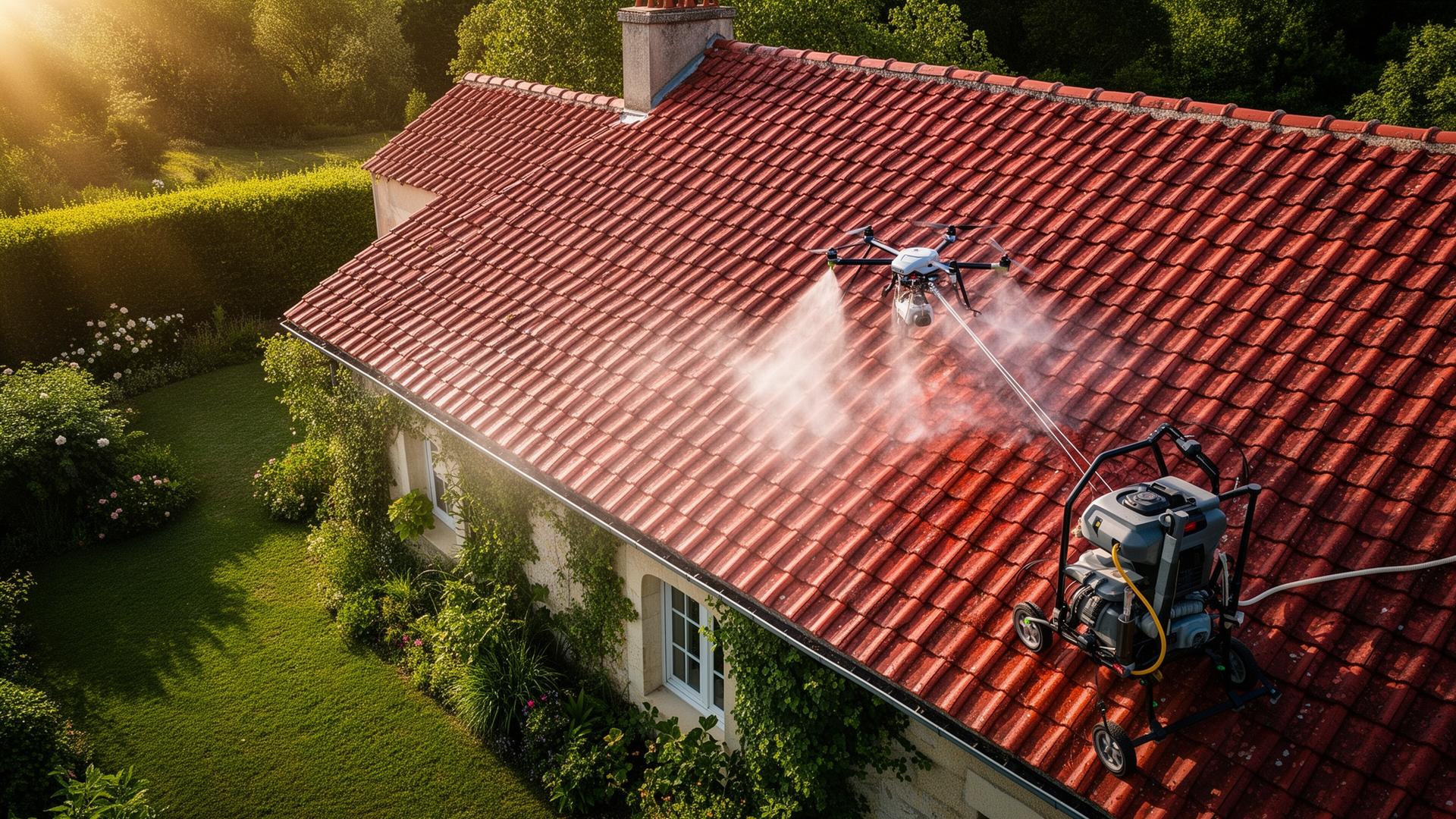 Drone professionnel Fast Net Drone en action pour le nettoyage de toiture par drone en France