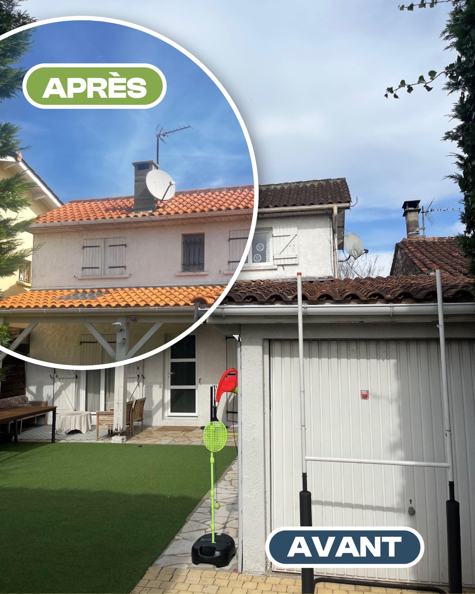 Toiture — Maison — avant après nettoyage par drone