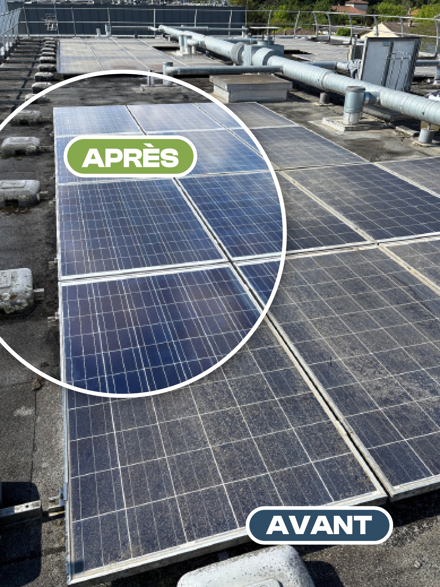 Panneaux solaires — Toit plat — avant après nettoyage par drone